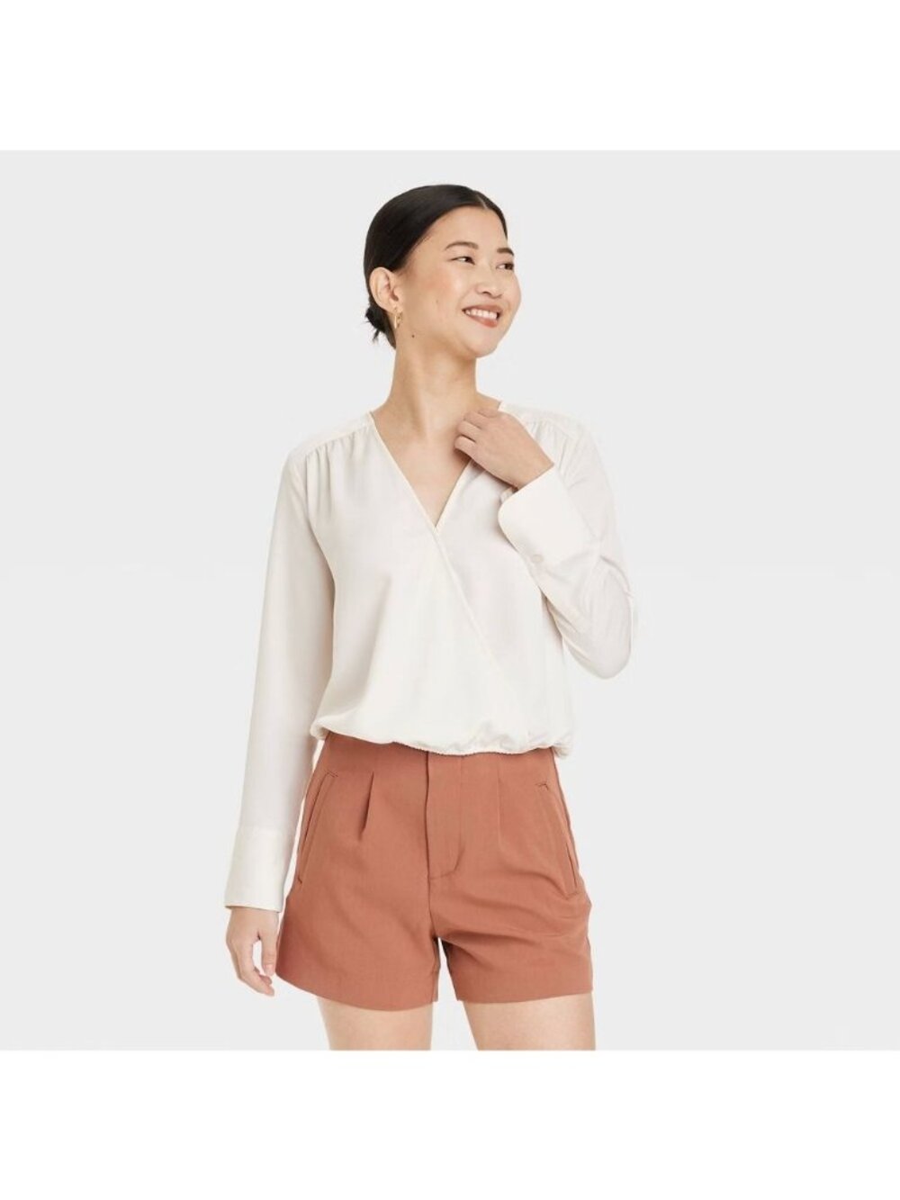 A New Day Womens Blouse Size MED Cream Ivory Long Sleeve Wrap V Neck NWT